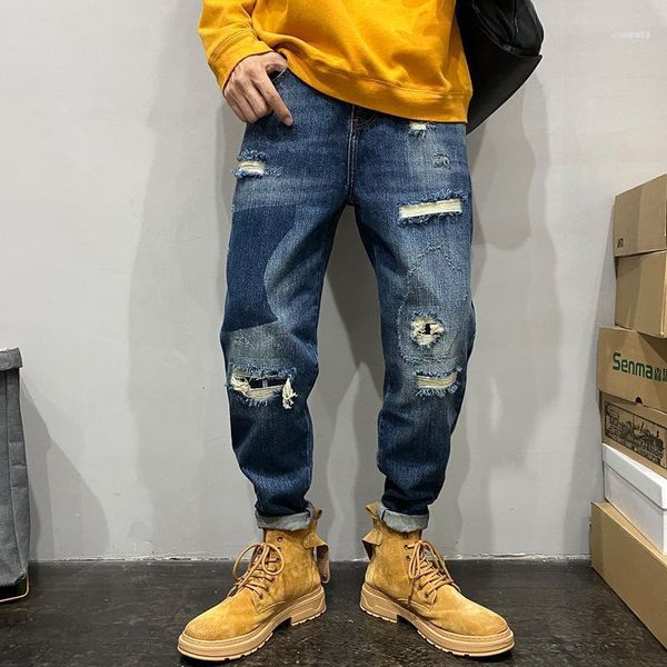 

fashion hip hop beggar hole jeans men autumn winter casual straight pants loose patchwork distressed jeans trousers men11, Blue