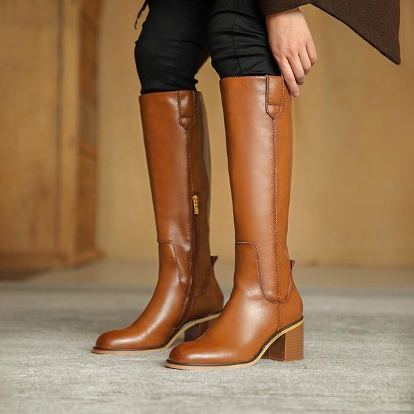 

2020 fall winter new brand style cow leather riding boots round toe thick heel equestrian women shoes retro long botas feminina, Black