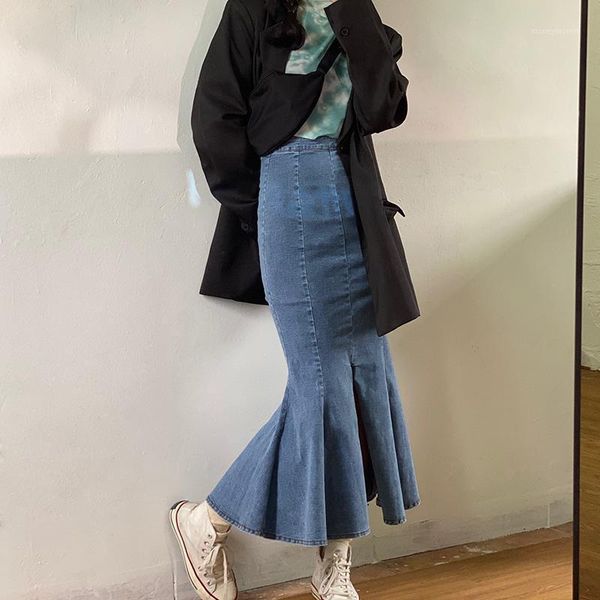 

skirts high waist denim long fishtail skirt slim ruffles jean with front open faldas saias1, Black