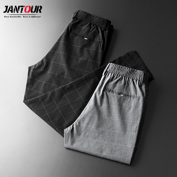 

2020 spring summer fashion brand men's slim fit plaid straight leg trousers lattice casual pencil jogger casual pants male c1018, Black