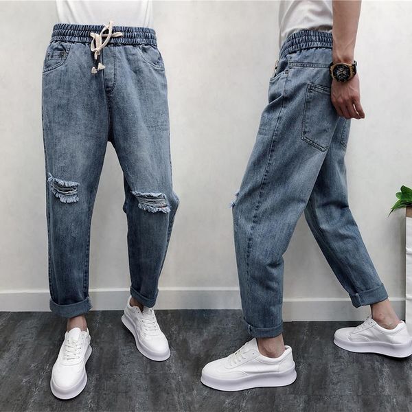 

men straight jeans blue big crotch denim harem pants drawstring mid waist distressed ripped hole trousers fashion streetwear1