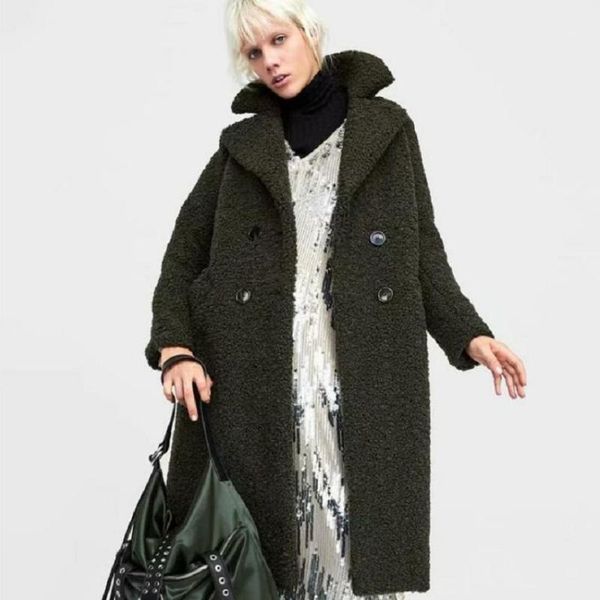 

2020 winter women faux fur coat long sleeve double breasted overcoat office ladies loose thicken warm fleece outerwear l16861, Black