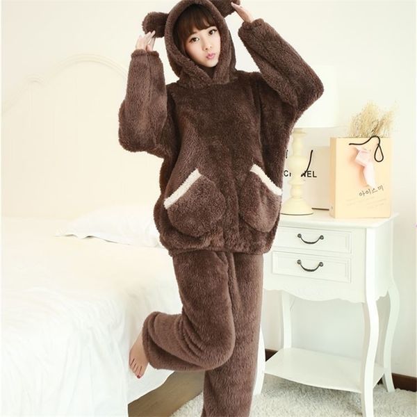 

tiaraka 2020 winter brand flannel pajamas sets for women bear sleepwear set for couple coral fleece nightwear female y200708, Black;red