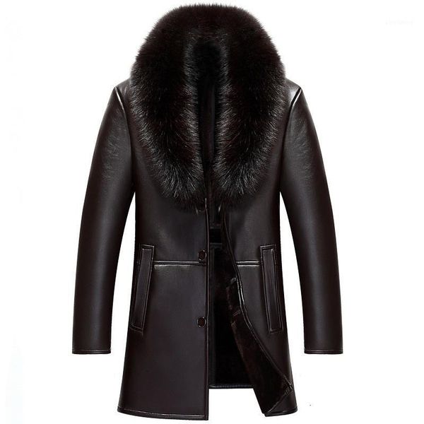 

winter big fur collar detachable medium length mens faux leather jackets fashion slim fit velvet thicken coats plus size m-4xl1, Black