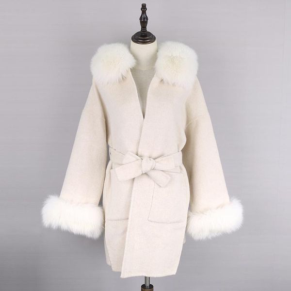 

2020 real fur coat winter jacket women natural fur collar cashmere wool blends outerwear streetwear oversize, Black