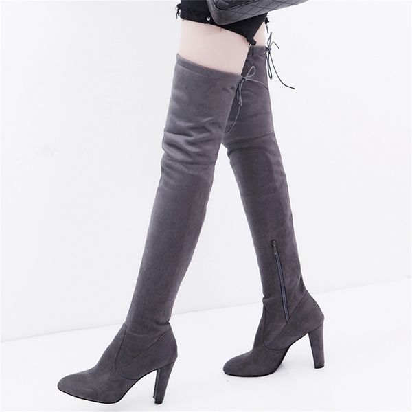 

2020 party boots fashion suede leather shoes women over the knee heels boots stretch flock winter high boots botas, Black;white