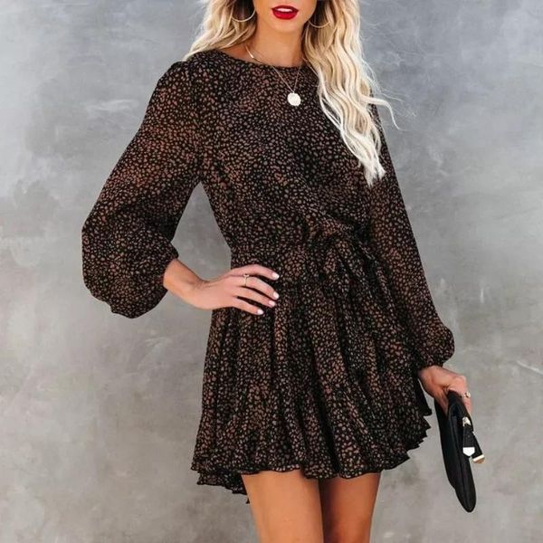 

women's spring leopard print ruffles lantern sleeve dress female elegant lace up a-line mini dress lady chic party club vestidos, Black;gray