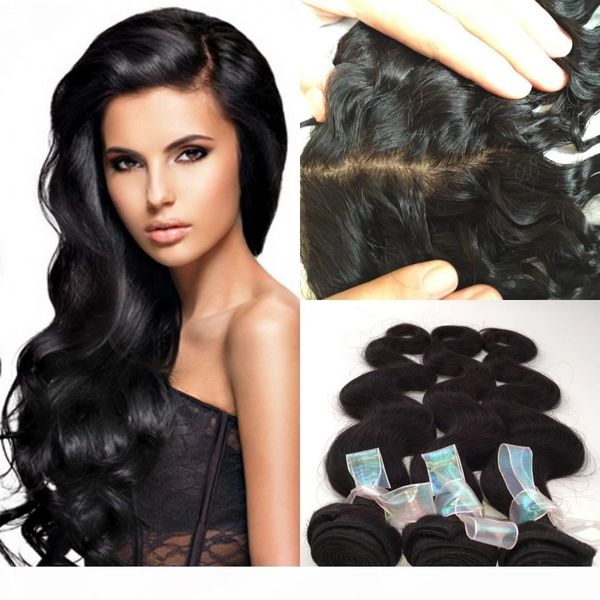 

brazilian virgin hair 4pcs lot body wave 3 bundles with 1 middle 3 part silk base closure unprocessed human hair weave, Black