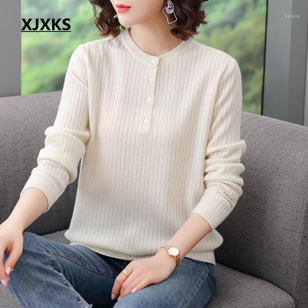 

xjxks round neck 100% wool knitted sweater women pullover 2020 autumn winter new casual women elastic sweater1, White;black
