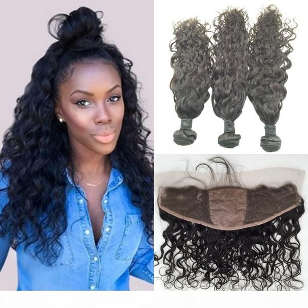 

water wave human hair bundles with lace frontal closure part silk base ear to ear lace frontals with bundles 4pcs lot, Black