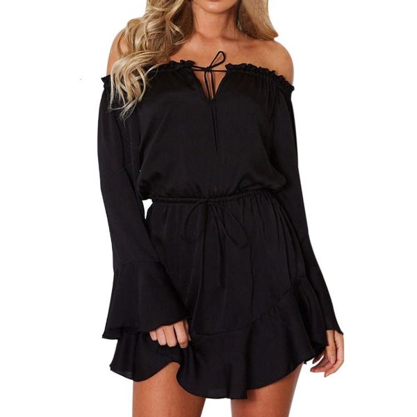 

summer casual dress mini off shoulder flare sleeve holiday dress ladies bohemia solid color elegant dresses vestidos sleeveless lr3, Black;gray