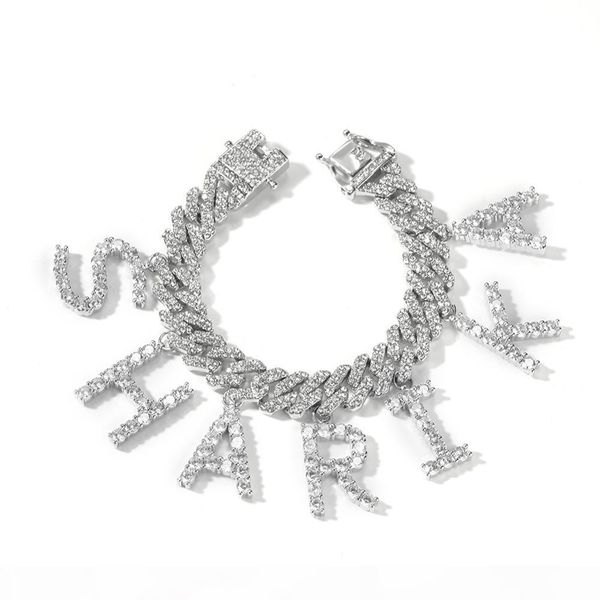 

hip hop iced out initial tennis letter charm name cuban chain bracelet necklace gold plating personalized jewelry gift, Golden;silver