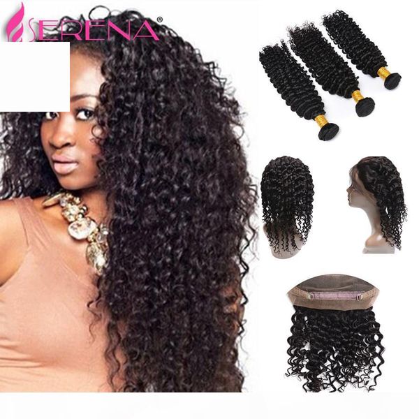 

peruvian virgin hair with frontal deep curly wave 13x4 ear to ear lace frontal closure with bundles 360 lace frontal with bundle, Black;brown
