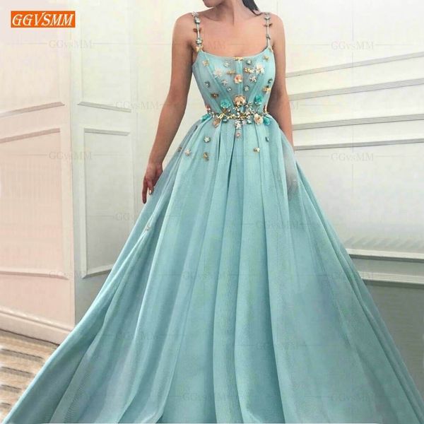 Elegante blu Tulle Ice abiti lunghi di promenade 2020 Illusion maniche Slim Fit Spaghetti Strap vestito convenzionale di promenade di sera del partito abiti