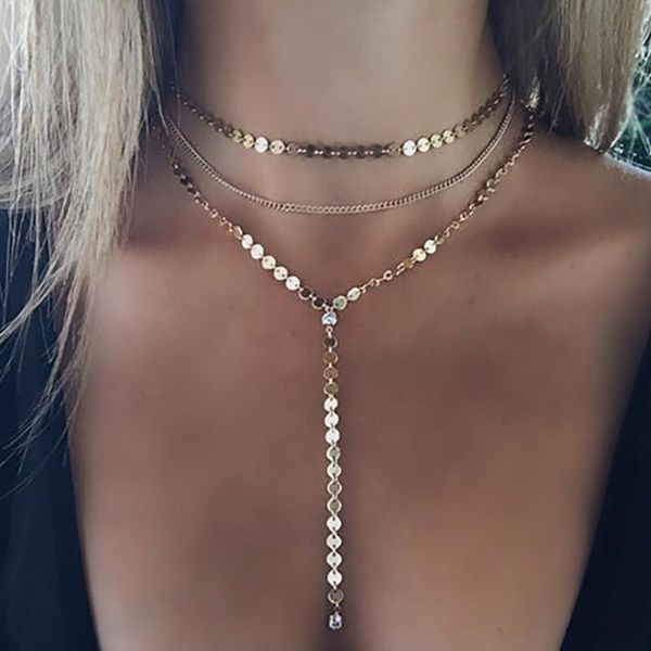 

chokers handmade sequin necklace round rhinestone pendant tassel multi-layer chain dangle necklaces women choker chains goth accessory, Golden;silver