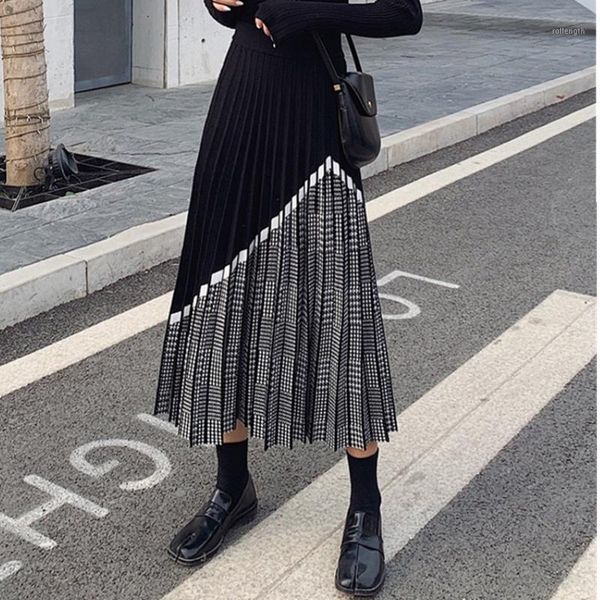 

plaid jacquard knit women knitted skirt elastic high waist maxi skirts autumn winter thick warm party pleated skirts1, Black