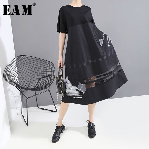 

[eam] women black pattern print sttich mesh long dress new round neck short sleeve loose fit fashion spring summer lj200818, Black;gray