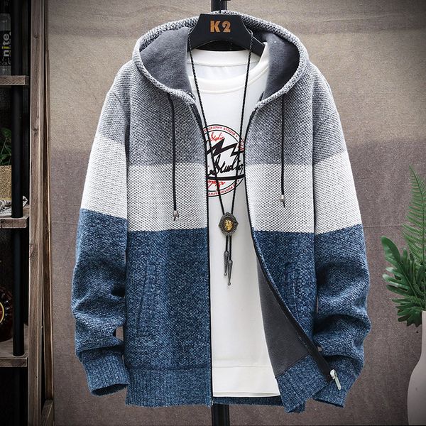 

2020 winter new men's wear tapered plush thickened sweater coat large cardigan hooded color matching sweater men's wear, White;black