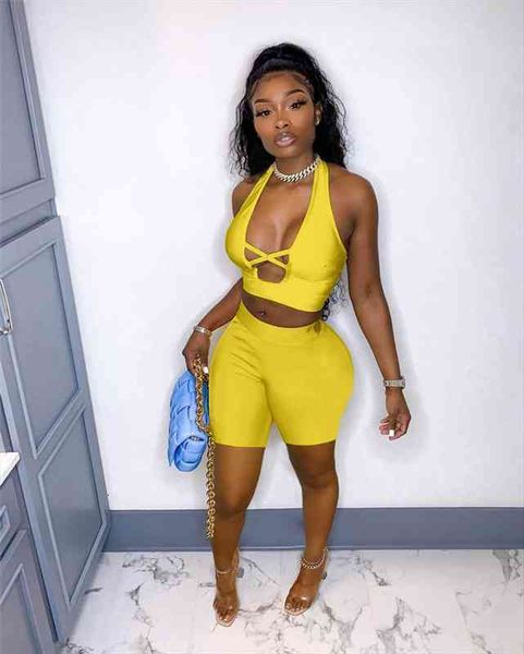 

summer streetwear bodycon 2 piece sets women outfits backless sleeveless hollow out halter tank crop biker shorts, Gray