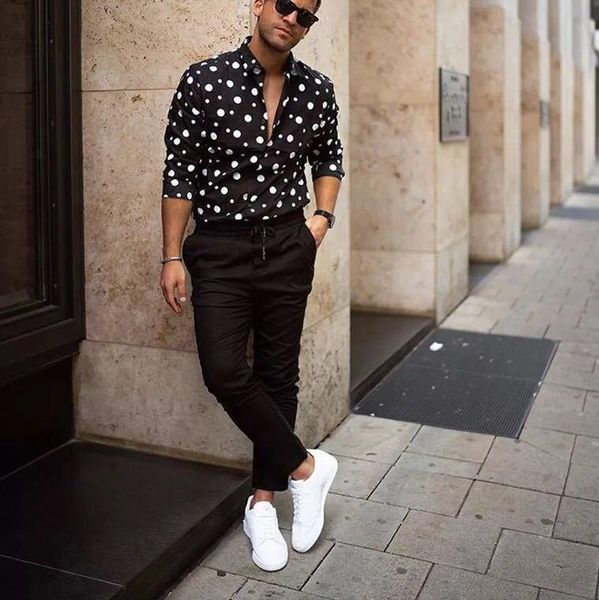 

2021 brand men's polka dot shirt button down slim fit long sleeve boho holiday casual shirts bouse, White;black