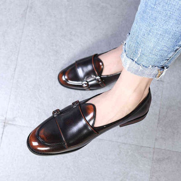 Kleid Schuhe Mode Mönch Strap Leder Männer Plus Größe Britischen Stil Loafer Casual Flache für Party Club Neue Zapatos Hombre 220223