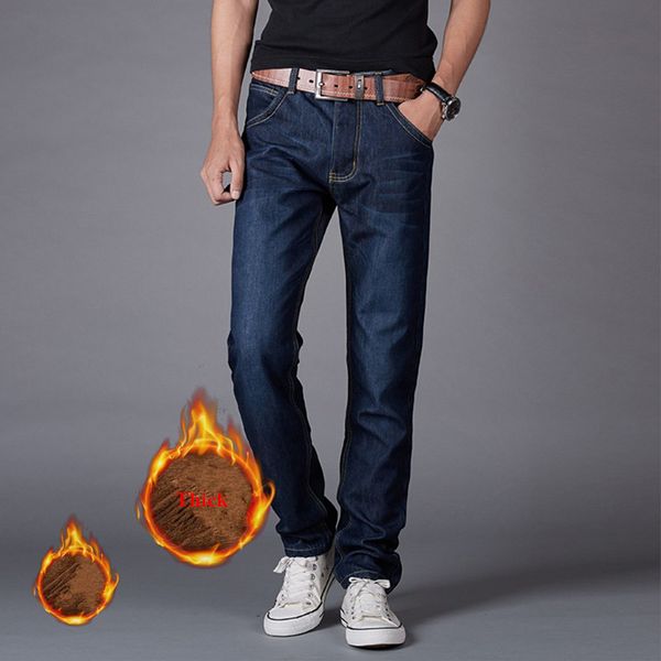 

new men's fashion business casual stretch straight classic trousers denim pants male lining fleece thick jeans, Blue