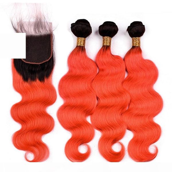 

orange ombre hair bundles with closure body wave #1b orange ombre brazilian human hair 3 bundles with closure ombre lace front closure 4x4, Black;brown