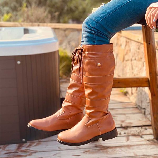 

women horse riding boots pu leather equestrian boots lace up solid color knee-high round toe square heel flat shoes, Black