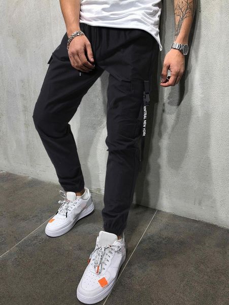 

men buckled letter strap flap pocket side drawstring pants n0fw#, Black