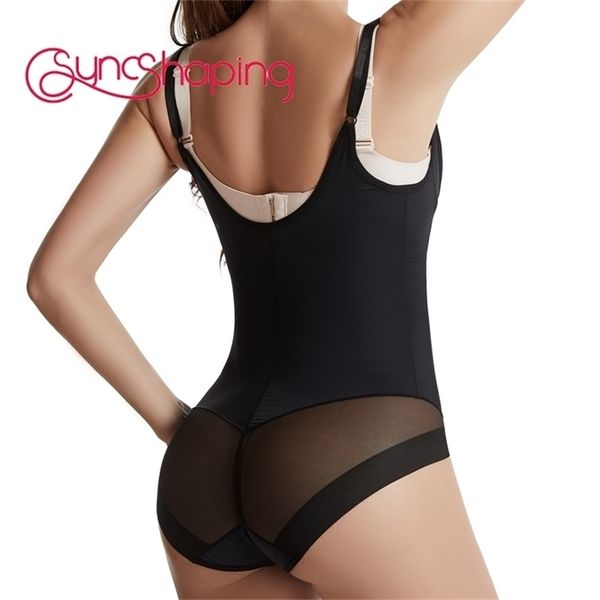 Syncshaping 621 Bodysuit Mulheres Sexy Lingerie Plus Size Preto Malha Corpo Shapewear Bustier e Espartilho Conveniente Roupa Interior Aberta 220307