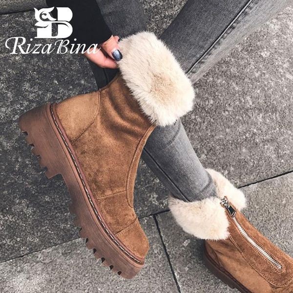 

rizabina size 34-43 women snow boots real leather warm fur high heel winter shoes woman plush fashion platform short boot, Black