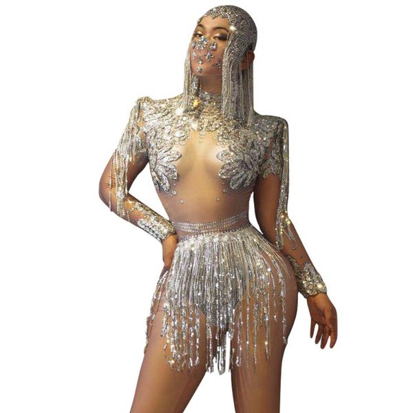

sliver tassel female bodysuit singer dancer costume nightclub bar show dj performance star leotard birthday party jumpsuit, Black;red
