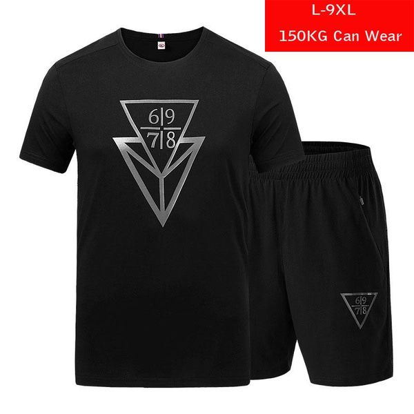 

men summer sports suit cotton digital printing jogging fitness suit loose round neck running super large size 9xl 150kg can wear, Black;blue