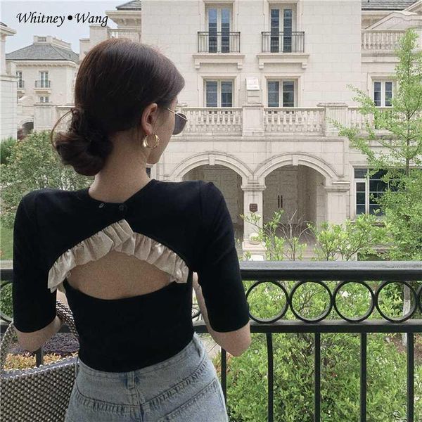 

whitney wang tshirt 2020 summer fashion streetwear back ruffles patchwork hollow out slim t-shirt women t shirt lady tees1, White