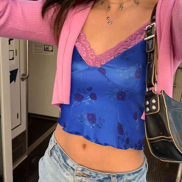 

floral print cami pink lace summer backless sleeveless spaghetti strap v neck crop tee ladies streetwear, White