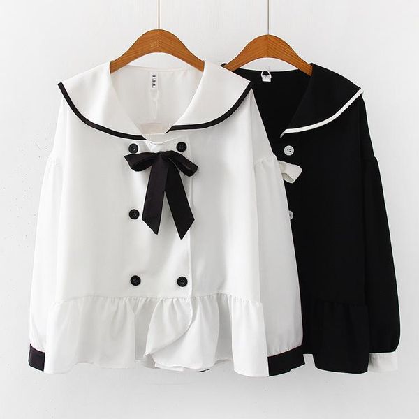 

blusa feminina japanese school uniform mori girls japanese harajuku style long sleeve sailor collar white black bow blouse shirt1