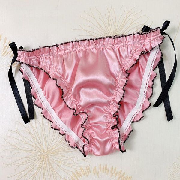 

women's panties briefs low rise breathable lacing underwear ruffles lace-up underpants ladies female silk solid, Black;pink