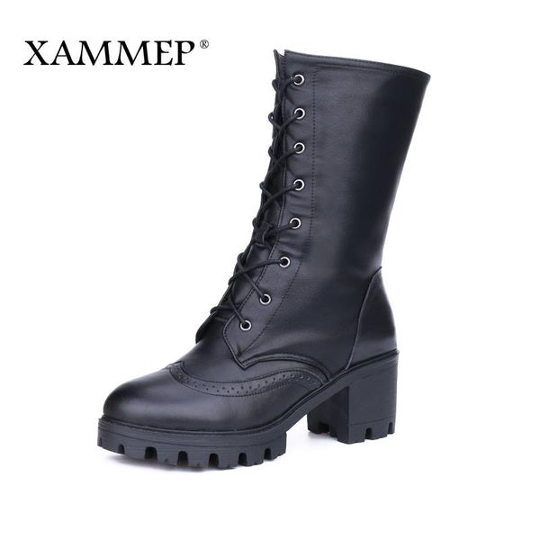 

boots xammep women's winter shoes with platform brand women genuine leather natural wool mid calf, Black