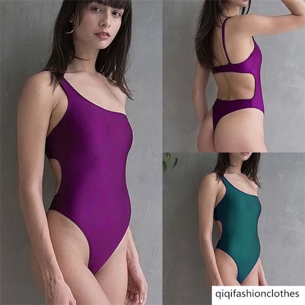 

21 new open back fashion shoulder solid triangle one piece swimsuit for women, White;black