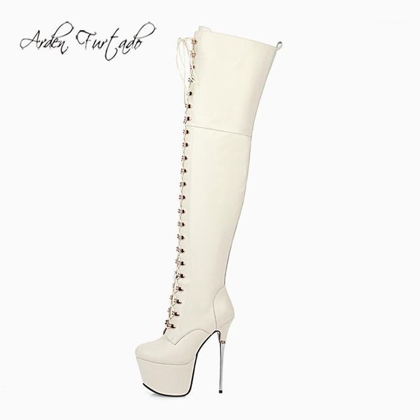 

boots arden furtado 2021 fashion winter stilettos heels cross tied waterproof round toe black coat of paint over the knee boots1