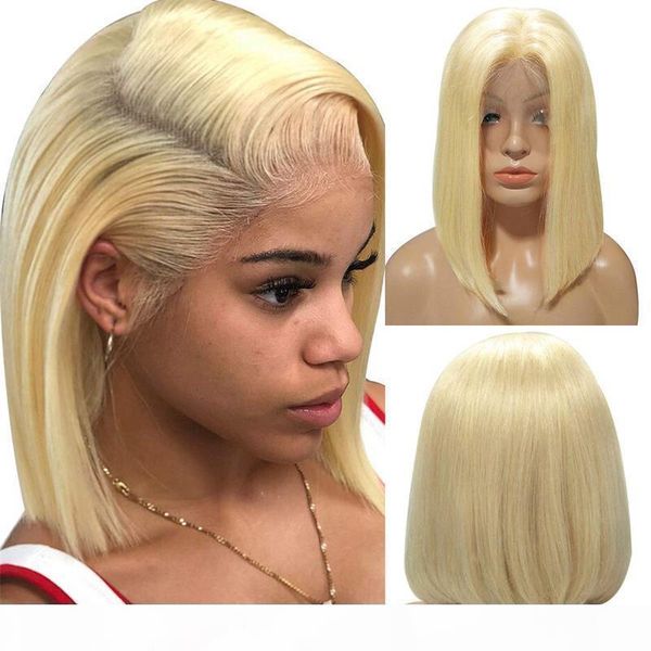 

short 613 blonde bob natural straight lace front wig full lace human hair wig transparent lace wig glueless no shedding for black women, Black;brown