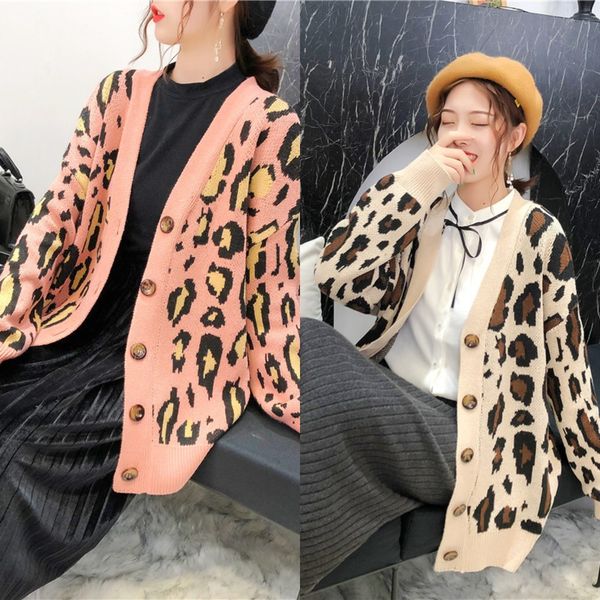 

leopard sweater coat women's t-shirt cardigan new sweatercoat sweaterspring and autumn new mid long loose korean style fashion ulpdh, White;black