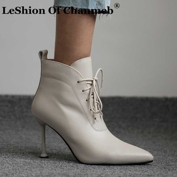 

extremely thin stiletto heels boots women real cow leather shoes for autumn winter cross tied ankle boots woman lady bootie, Black