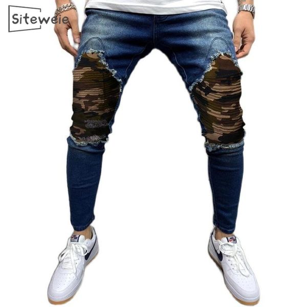 

men's jeans siteweie biker stretch ripped men hip hop slim fit holes punk denim cotton pants zipper l520, Blue