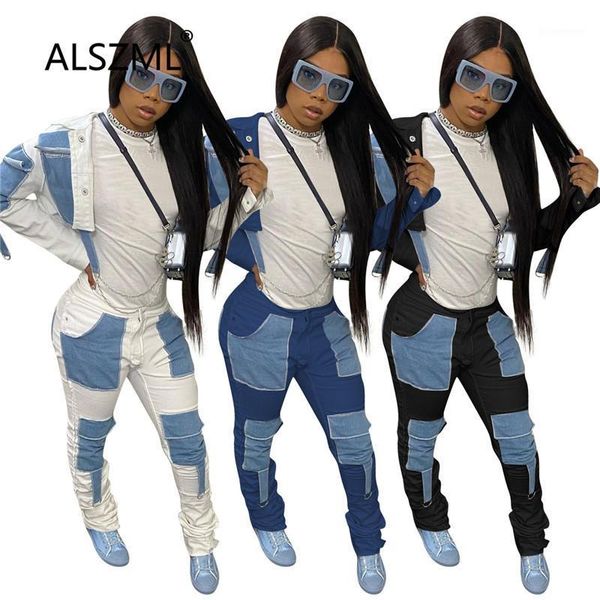 

denim patchwork women set long sleeve 2 pieces clothes suit ladies matching suit tracksuit1, Gray