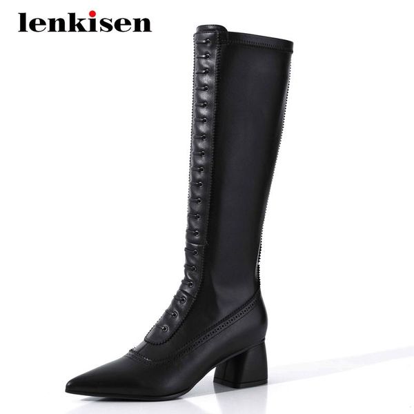 

lenkisen high street fashion natural leather european carving pointed toe thick high heel zip elegant lady knee boots l21, Black