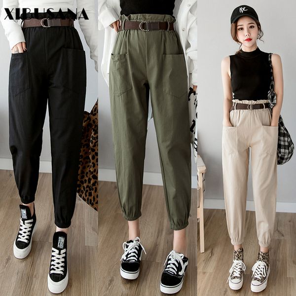 

women pants 2020 spring summer fashion female solid high waist loose harem pant pencil trousers casual cargo pants streetwear 1017, Black;white