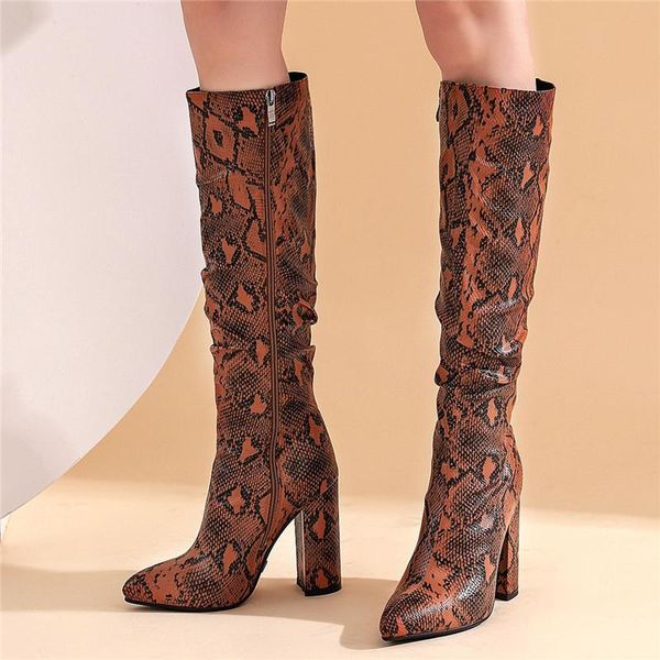 

women's new fashion knee high boots chunky heels pointed toe women high boots slip on super heels pleated botas de mujer, Black