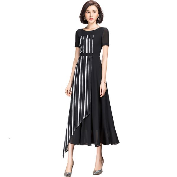 

spring short sleeve chiffon shreds dress long women emxc, Black;gray