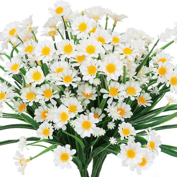 

6 bundles outdoor artificial daisies fake flowers uv resistant shrubs, faux plastic greenery for indoor outside hanging